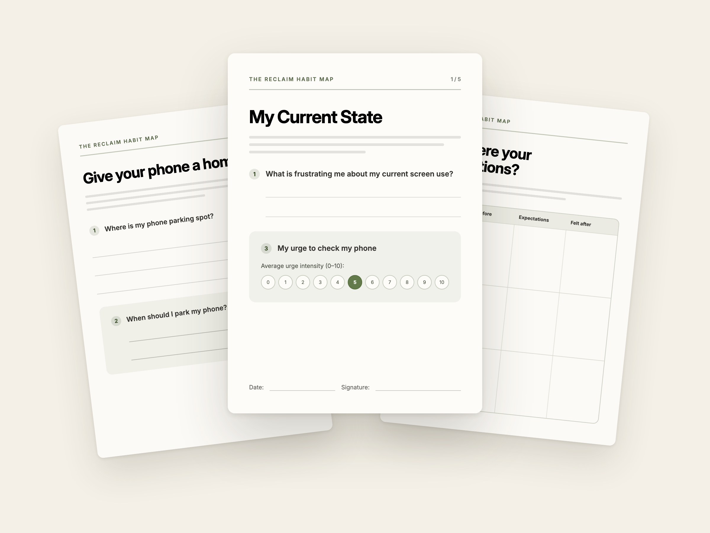 Three pages from the Reclaim Habit Map workbook